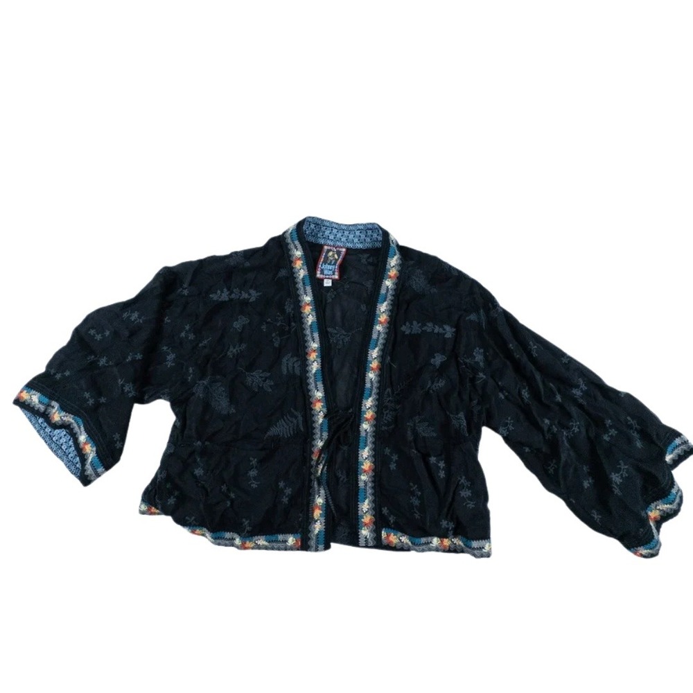 Johnny Was Kimono Jacket Womens Medium Black Danica Boho Hippie Tasseled Tie